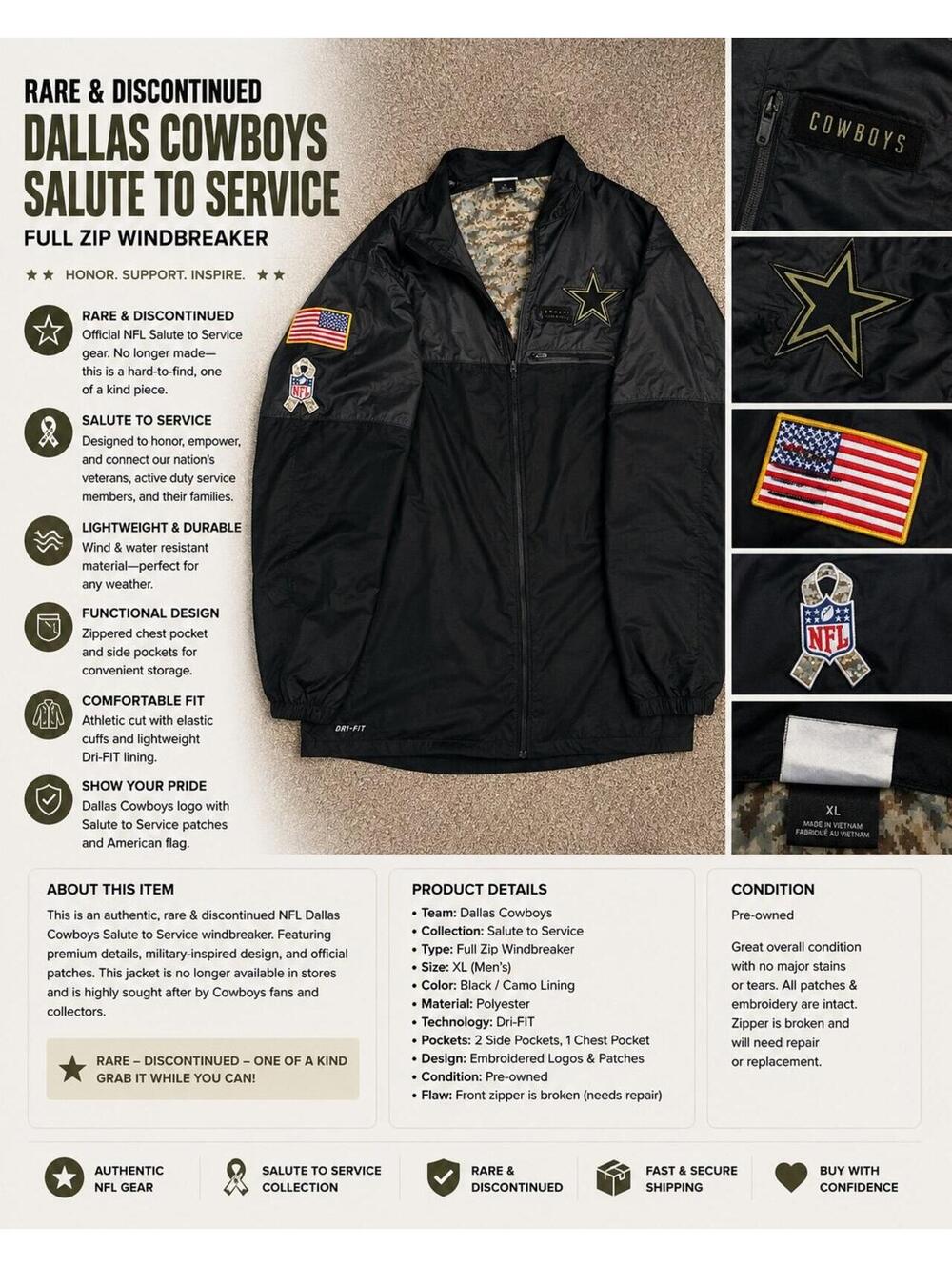 Rare Dallas Cowboys Salute to Service Windbreaker – Men’s XL – NFL Dri-FIT Jacke